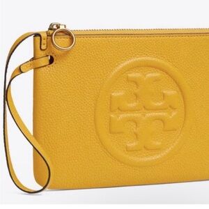 Tory Burch Yellow Leather Perry Bombe Wristlet Pouch Clutch Daylily